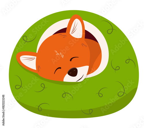 Little red fox cub lies in green soft house. Vector illustration of dog house with pet. Wild animal in domestic environment. Caring for animals on fur farm. Isolated sleeping baby.