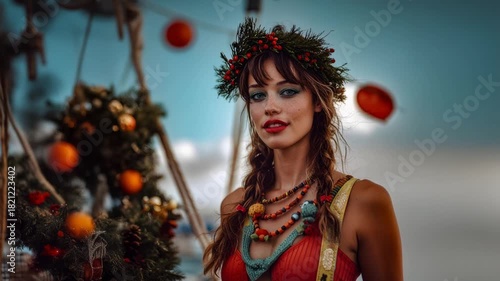 Beautiful woman in a holly crown celebrating christmas outdoors