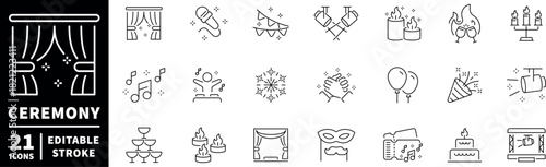 Ceremony and celebration icons set. editable line icons, festive and party essentials