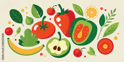 Flat design healthy food fruits and vegetables illustration including tomato, apple, pepper, banana, orange, kiwi, cherry and green leaves for organic natural nutrition