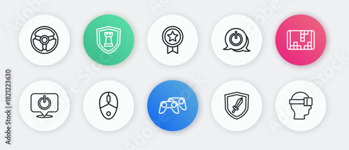 Set line Game controller or joystick, Portable video game console, Power button, Sword for, rating with medal, Virtual reality glasses and Computer mouse icon. Vector