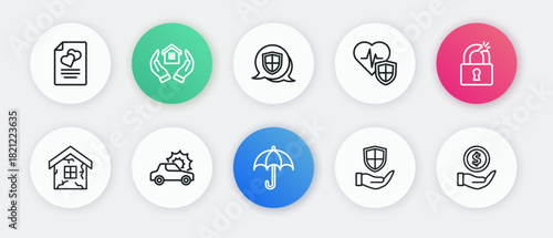 Set line Umbrella, Broken or cracked lock, House, Shield in hand, Life insurance with shield, Money and Car icon. Vector