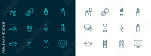 Set line Bottle of liquid soap, Shaving gel foam, Acne, shampoo, Tube hand cream, nail polish and Makeup powder with mirror icon. Vector