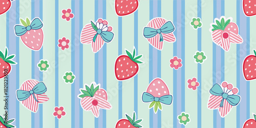 Sweet strawberries and flowers repeat pattern vector illustration for backgrounds, fabric design, textile, wallpapers, baby clothes and other cute things