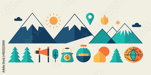 Mountain landscape with Camping Elements in Flat Design, includes Trees, Sun, Cloud, Fire, Location Pin and Backpack for Outdoor Adventure and Exploration