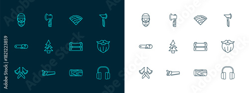 Set line Wooden axe, Hand saw, box, log, Tree, beam, Lumberjack and icon. Vector