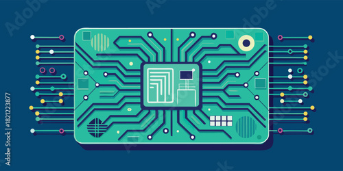 Modern digital Processor Design illustration, integrated Circuit board Vector for microstock, teal And dark blue color scheme, high Technology