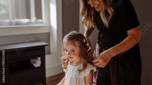 Loving mother styling her little daughter's hair