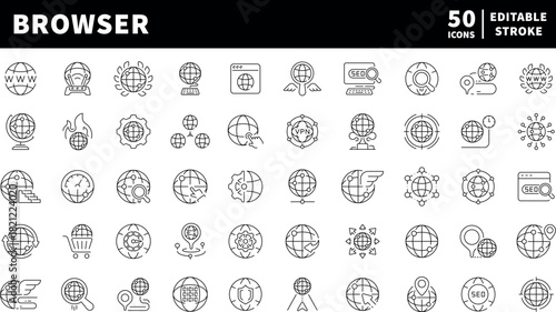 Browser icons set. editable line icons, outline, web and internet symbols