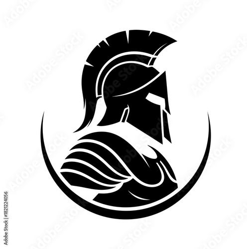 A bold black silhouette of a Spartan warrior in profile, wearing a crested helmet and armor, is elegantly framed by a sharp, upward-curving crescent swoosh