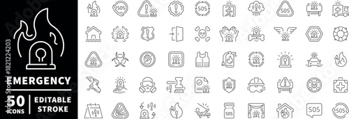 Emergency icons set. editable line icons, outline, safety and first aid symbols
