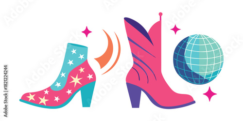 Colorful cowboy boots illustration featuring disco ball and stars, representing a fun party atmosphere for a night of dancing
