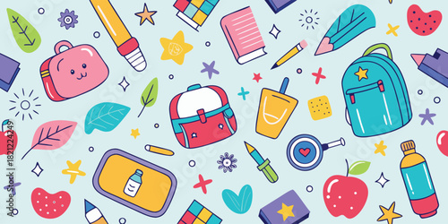 Back to school vector seamless pattern featuring backpacks, pencils and many other school supplies