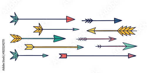 Various hand drawn Arrow designs in a horizontal line with different Colors and unique Fletching for design purposes