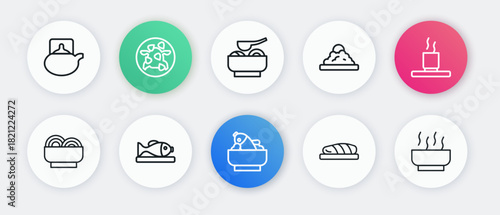 Set line Rice with fish in a bowl, Cup of tea, Asian noodles, Fish steak, Ramen soup, and Served on plate icon. Vector