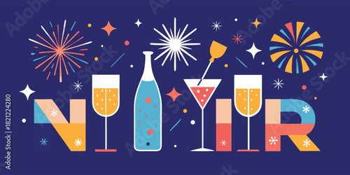 Happy new year celebration illustration with champagne bottle, cocktail and fireworks on dark blue background for festive holiday events