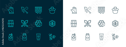 Set line Beekeeper with protect hat, Jar of honey, Sale honeycomb, Cosmetic tube, Honey dipper stick, Honeycomb, glove and icon. Vector