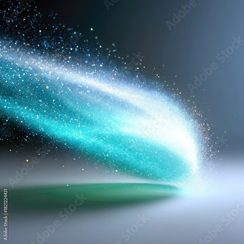 Abstract swirling particles in turquoise and white hues, with scattered golden sparkles, creating a dynamic flow against a dark background with a subtle green r