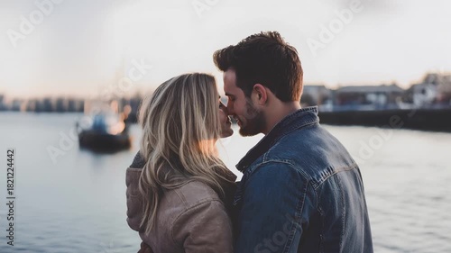Romantic young couple hugging tenderly at sunset