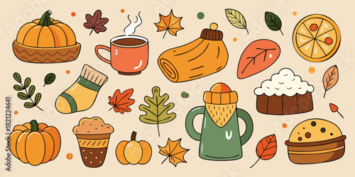 Fall season vector elements featuring pumpkins, autumn leaves, cozy blankets, hot drinks, and treats for a thanksgiving day celebration