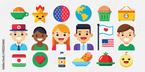 Diverse icon set featuring people, food, countries, and everyday objects in a modern flat vector style