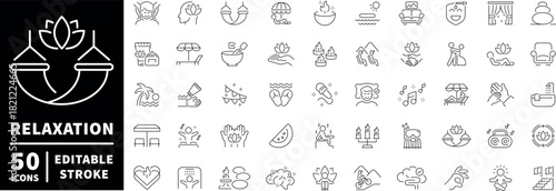 Relaxation icons set . editable line icons, outline style for calm and wellness