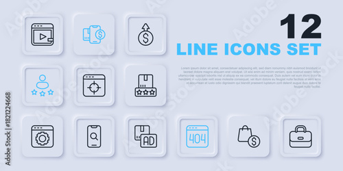 Set line shopping bag and dollar, Briefcase, Target financial goal, Page with 404 error, Consumer product rating, Magnifying glass mobile, Mobile and Advertising icon. Vector