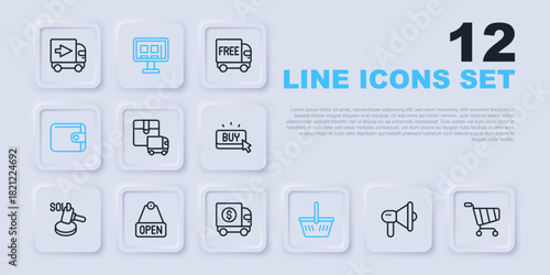 Set line Megaphone, Shopping cart, Delivery cargo truck, basket, Wallet, Hanging sign with text Open, Online shopping screen and Armored icon. Vector