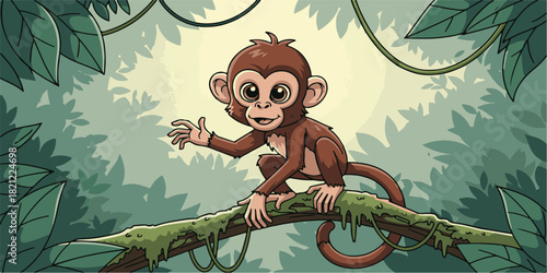 Cartoon baby monkey illustration vector with a funny brown smile character on a tropical jungle tree leaf