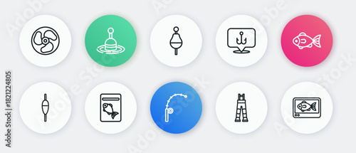 Set line Fishing rod, float, Fisherman pants, hook, finder echo sounder and Served fish on plate icon. Vector