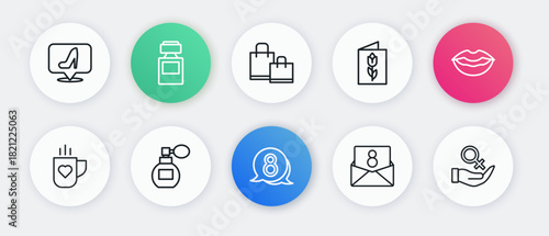 Set line 8 March in speech bubble, Smiling lips, Coffee cup and heart, Envelope with, Greeting card, Paper shopping bag, Female gender symbol and Perfume icon. Vector