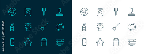 Set line Rubber cleaner for windows, Kitchen apron, plunger, Trash can, Drying clothes, Toilet brush, Water drop and Washer icon. Vector