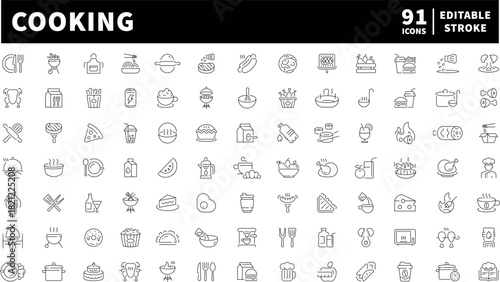 Cooking icons set. editable line icons for food, kitchen and culinary graphics