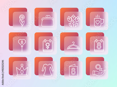 Set line Coffee cup and heart, Woman dress, Hanger wardrobe, Greeting card with 8 March, Calendar, Flower tulip, and Handbag icon. Vector