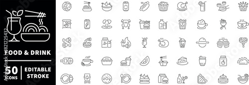 Food and drink icons set . editable line icons, culinary and beverage symbols