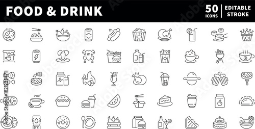 Food and drink icons set . editable line icons, culinary and beverage symbols