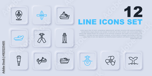 Set line Boat propeller, Whale tail, Crossed oars or paddles boat, Submarine, Inflatable with motor, Kayak and, and Speedboat icon. Vector