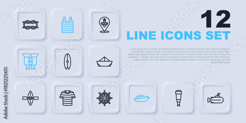 Set line Spyglass telescope lens, Submarine, Surfboard, Speedboat, Binoculars, Striped sailor t-shirt, and Ship steering wheel icon. Vector