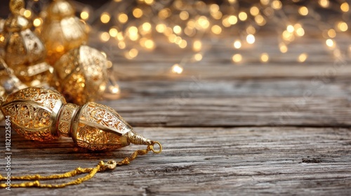 Ornate metallic hanging decorations rest upon weathered wooden surface with warm glowing lights in background