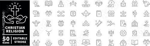 Christian religion icons set. editable line icons, outline, faith and worship symbols