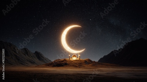 Glowing celestial crescent illuminates a small religious structure nestled between dark desert mountains under a starry night sky