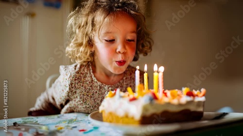 Adorable little girl blowing out birthday cake candles