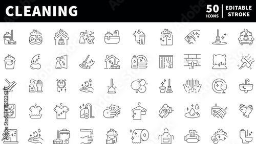 Cleaning icons set. editable line icons, outline style, maintenance and hygiene