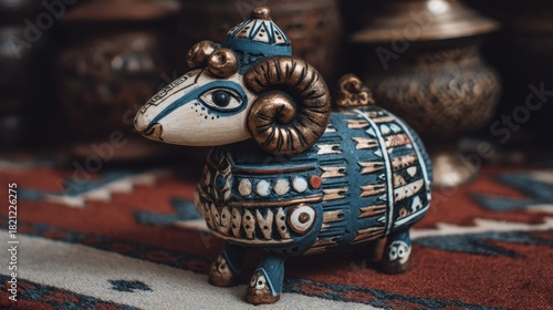 Intricately decorated ceramic figurine of a ram rests on a patterned textile surface