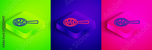 Isometric line GMO icon isolated on green, blue and pink background. Genetically modified organism acronym. Dna food modification. Square button. Vector