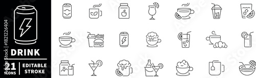 Drink and beverage icons set. editable line icons, flat, bar and refreshments symbols