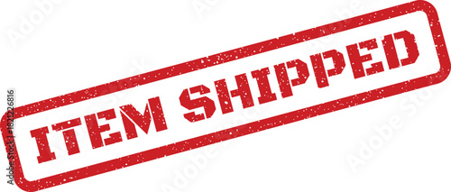 Textured rectangular rubber stamp displaying the crucial message ITEM SHIPPED to confirm product transit status