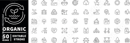 Organic and eco icons set. line, editable, sustainability and green symbols
