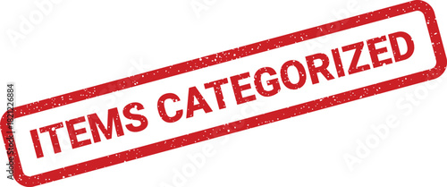 Textured rectangular rubber stamp displaying the crucial message ITEMS CATEGORIZED for effective stock organization