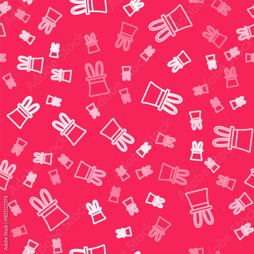 White line Magician hat and rabbit ears icon isolated seamless pattern on red background. Magic trick. Mystery entertainment concept. Vector